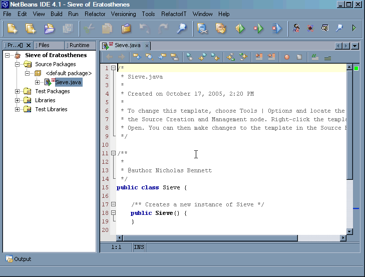 New NetBeans project with main class open for editing