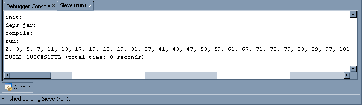 NetBeans output window with primes