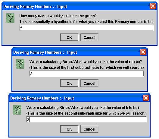 Figure 1: The three input prompts for the calculation program. If this program were to be run on a supercomputer, these prompts could be changed to console window prompts. These would be the inputs for a R(3, 3) with a guess of 5.