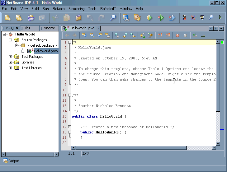 New NetBeans project with main class open for editing