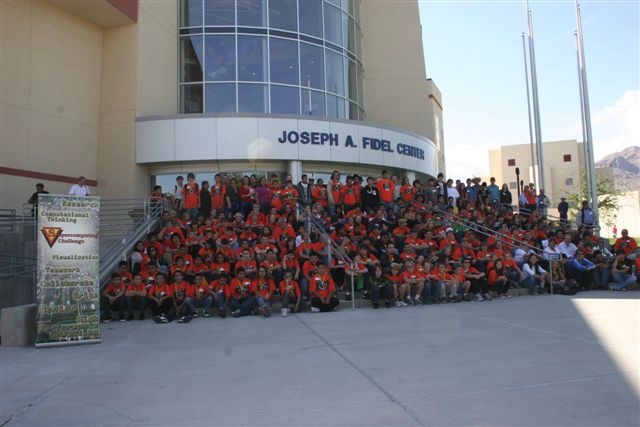 Students gathered on the steps of the Joseph A. Fidel Center at New Mexico Tech