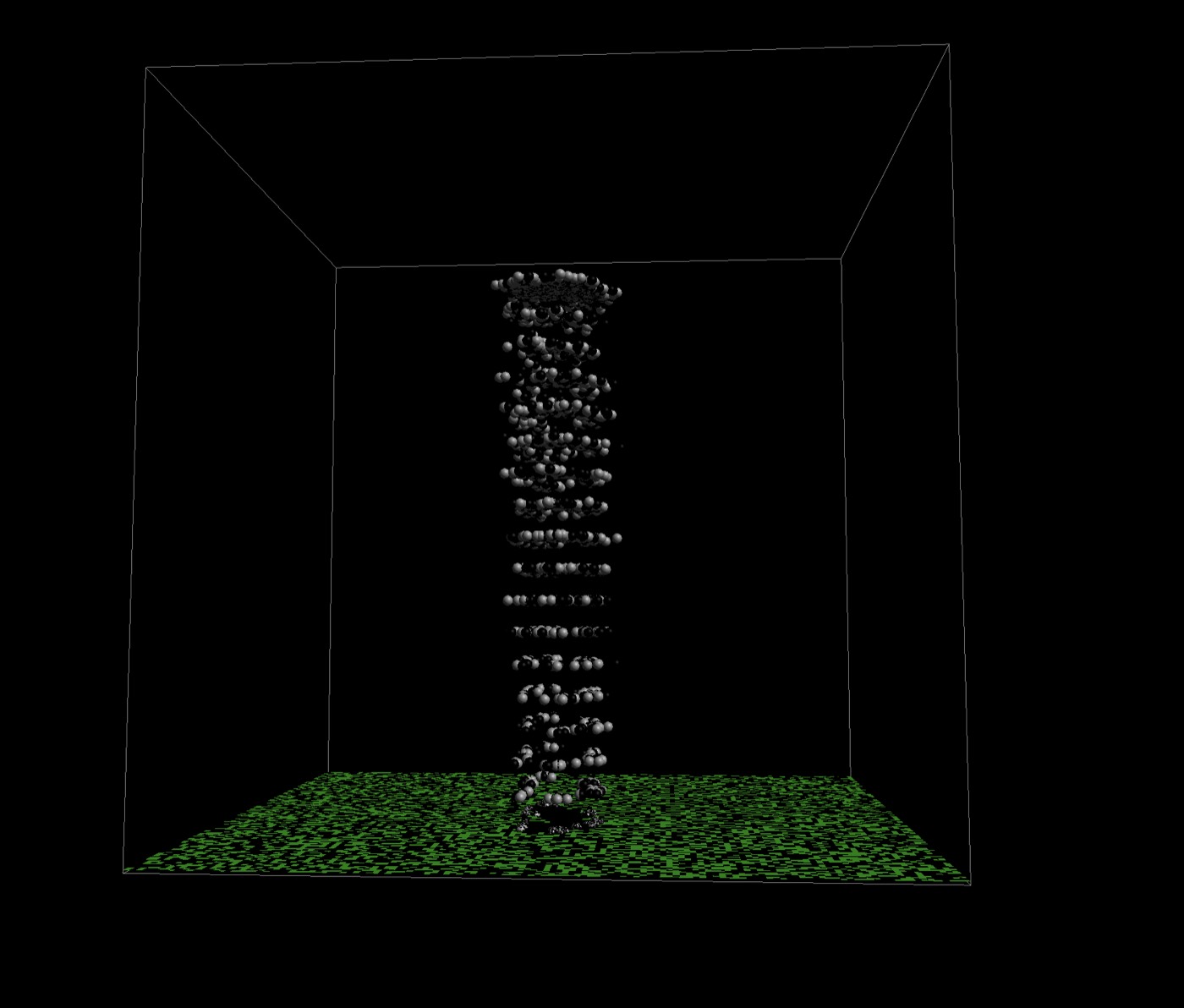 Particle simulation of a smoke plume rising from a green surface