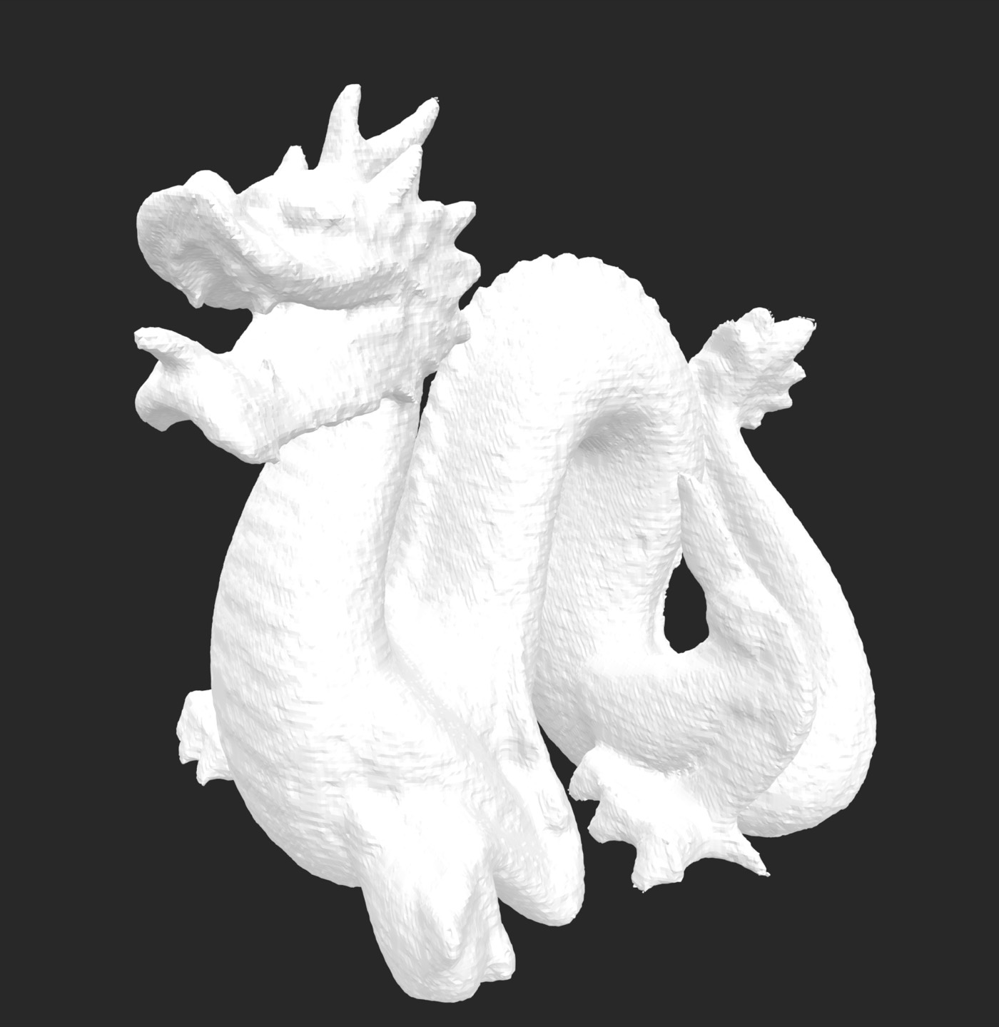 White reconstructed mesh of a dragon, built from a point cloud